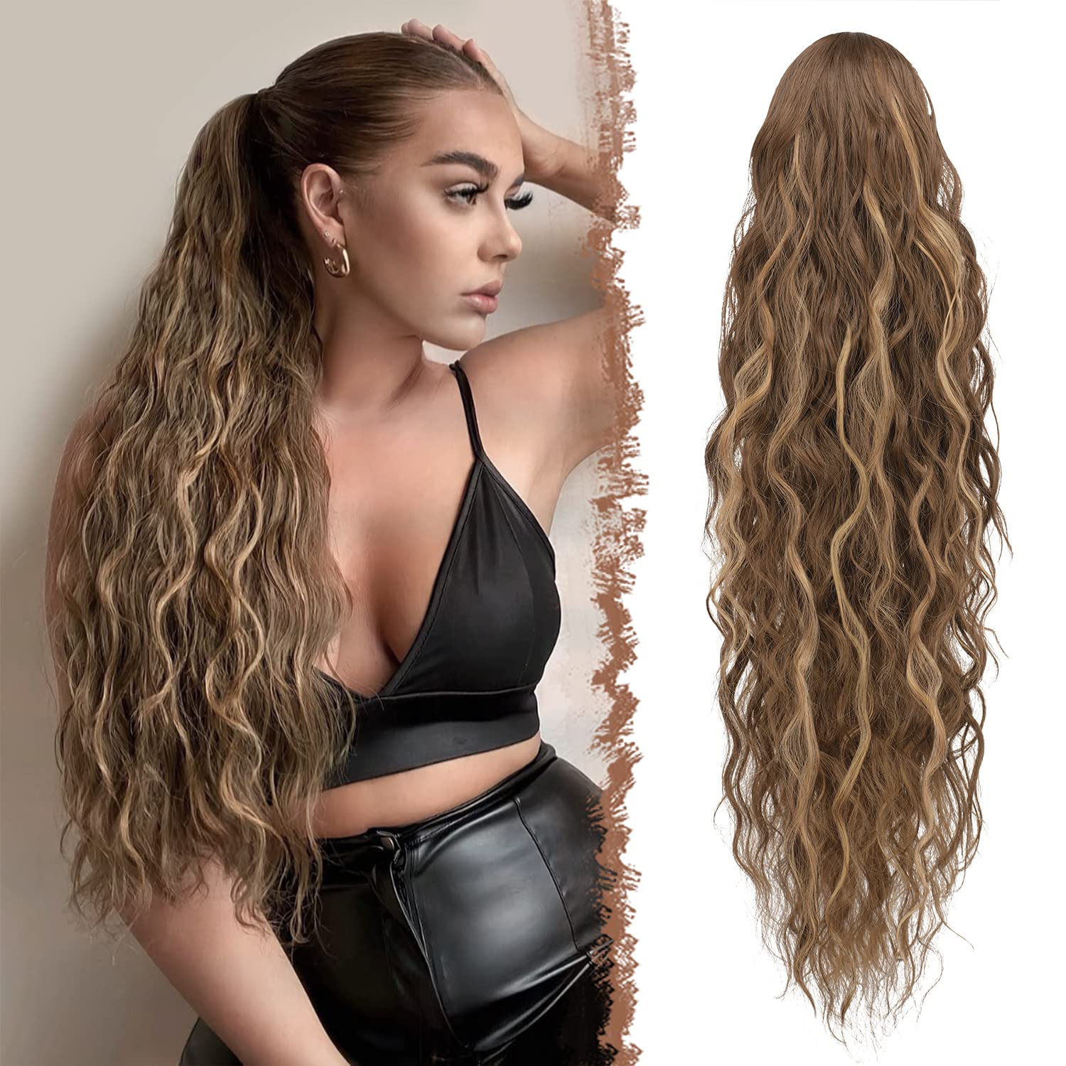 FESHFEN Long Curly Wavy Drawstring Ponytail Extensions Clip in Wavy Synthetic Hairpieces Honey Blonde Mixed Light Brown Drawstring Ponytail Curly Hair Piece Pony Tail Extension for Women, 26 inch — image 1