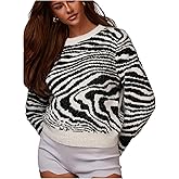 MakeMeChic Women's Zebra Striped Sweater Fuzzy Crew Neck Long Sleeve Pullover Jumper Tops