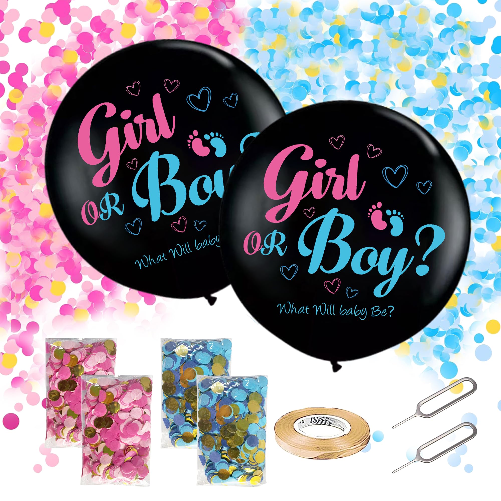Soireeparty Gender Reveal Confetti Balloon - 2 Pieces 36 Inch Black Latex Balloon with Pink Blue Confetti, Ribbons Pins for Girl Boy Ideas Baby Shower Party