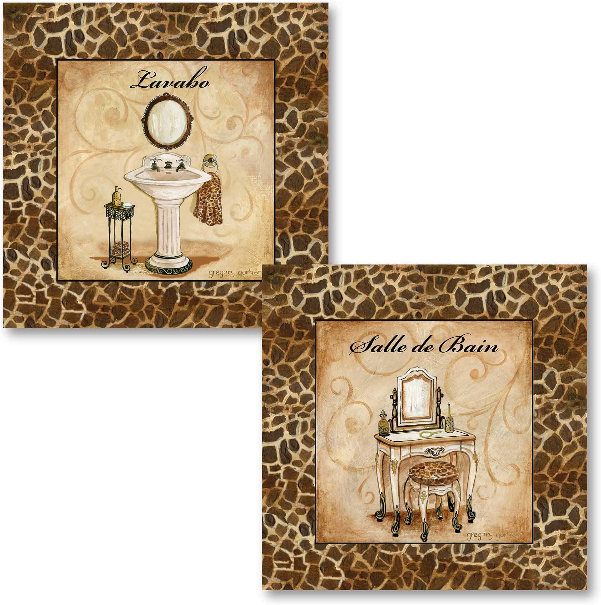 PosterArtNow 2 Elegant Classy French Giraffe Sink Vanity Bathroom Brown Element Art Prints 12x12