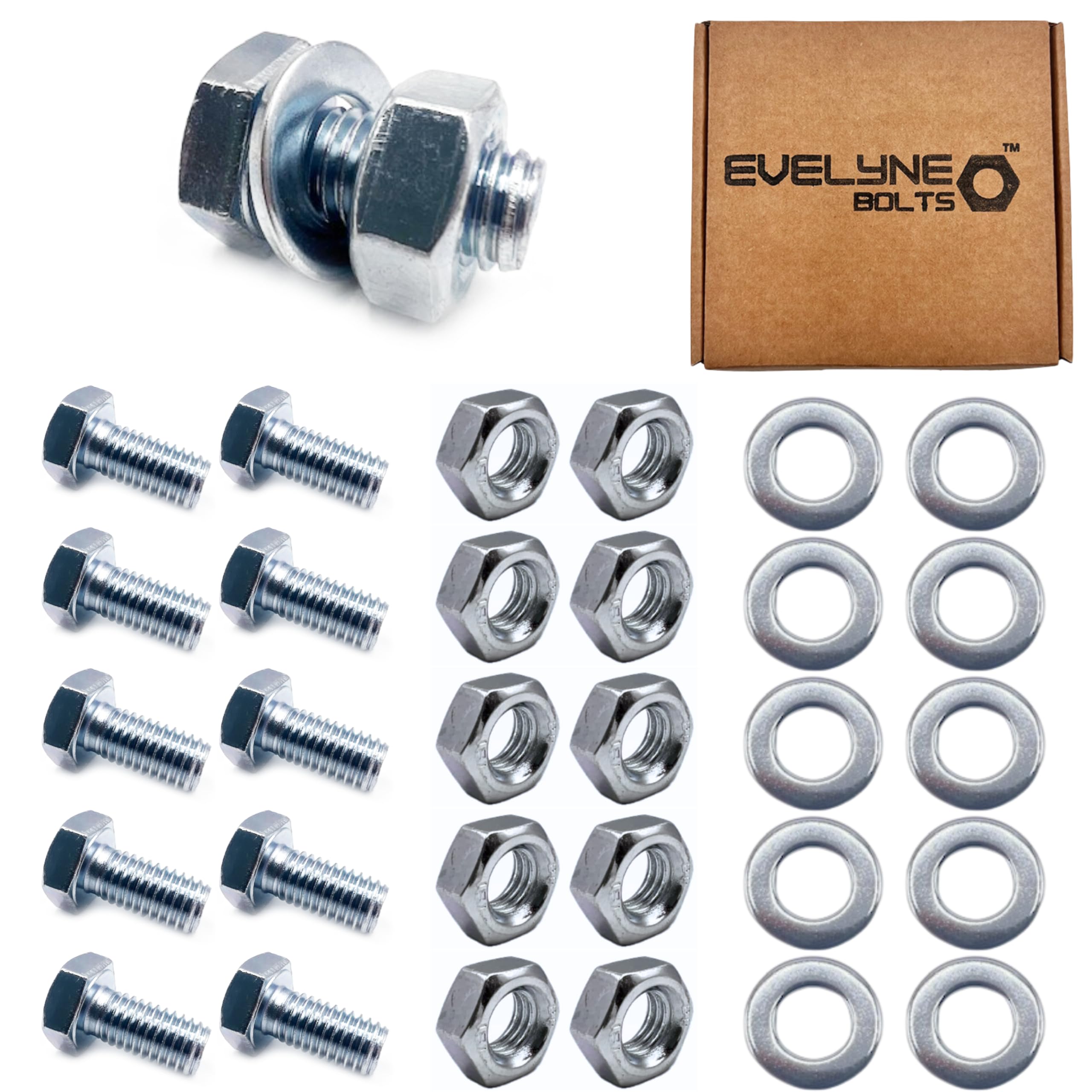 Nut, Bolt & Form A Washer Set. 10 pack – M10x20 Bolts, M10 Nuts & M10 Form A Washers
