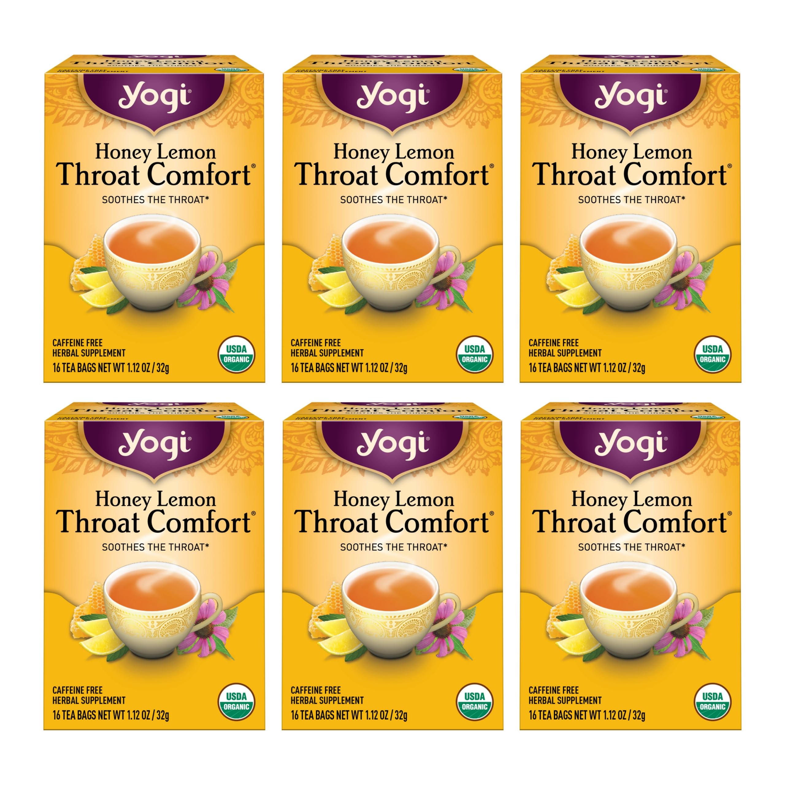 Yogi Tea - Honey Lemon Throat Comfort (6 Pack) - Soothes the Throat - 96 Tea Bags
