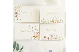 Crisky Thank You Cards 4 Assortment, Gold Foil Watercolor WildFlowers (50 Cards with Envelopes for Birthday, Baby Shower, Bridal Shower, Wedding, All Occasion)