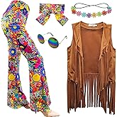 ATAMET 5 Pcs 60s 70s Hippie Costume Disco Outfits Fringe Vest Boho Bell Bottoms Peace Accessories Set Halloween for Women