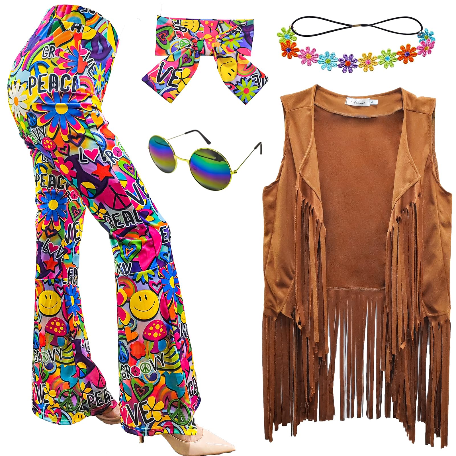 XonyiCos 6pcs 70s Fancy Dress Women Hippie Costume Disco Outfits Fringe Vest Boho Bell Bottoms Peace Accessories Set 70s 60s Fancy Dress for Women Adult Halloween Costume (Brown, XXL)