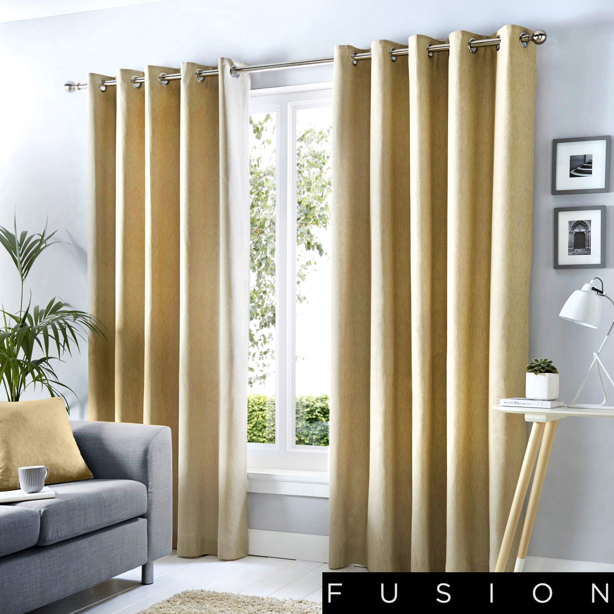 Fusion Sorbonne 100% Cotton Eyelet Lined Curtains, Natural, 90 x 72 Inch