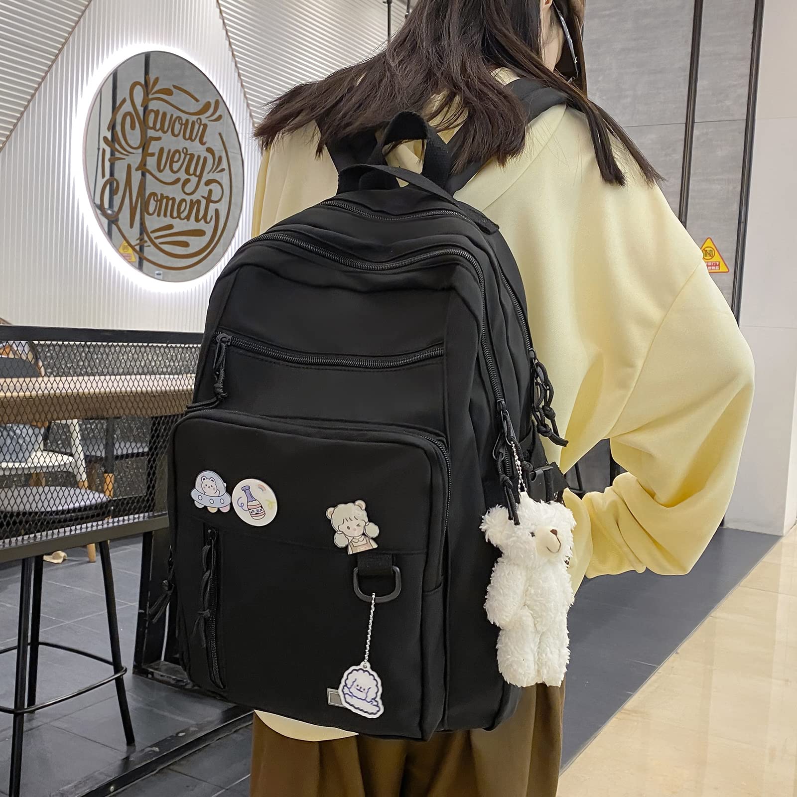 GAXOS Cute Aesthetic Backpack for School Middle Student Travel Black Backpack Teens Girls Bear Pin Book Bags