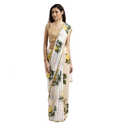 Womanista Womens Georgette with Blouse Piece 7510 Sarees (TI1103_Off White & Yellow_One Size)