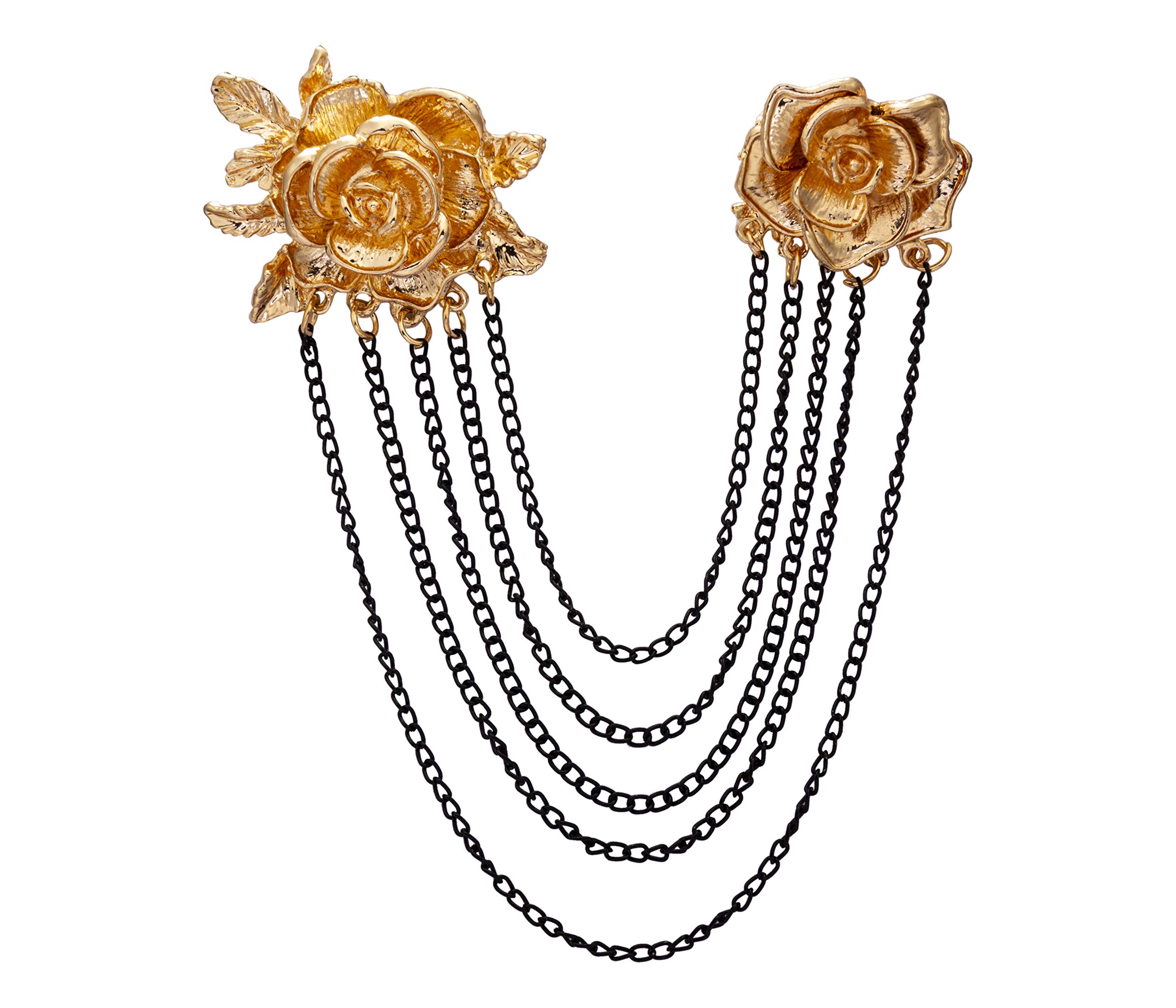 Brooch Lapel Pin for Men Elegant Golden Metal Rose with Black Hanging Chain Formal Executive Lapel Pin Badge Coat Suit Wedding Gift Party Shirt Collar Accessories