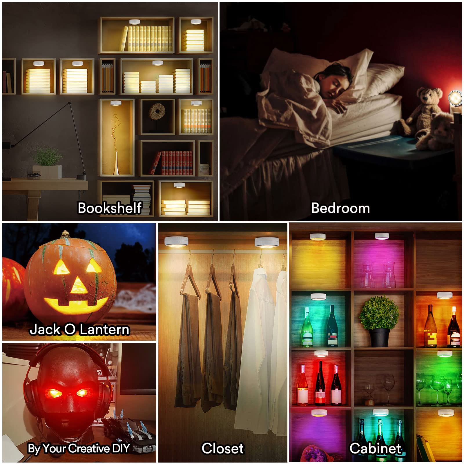 TECOMLIGHT Puck Lights with Remote Control, Battery Operated Wireless Under Cabinet Lighting, Stick on Tap Push Lights for Kitchen, Shelf, 6 Pack - White
