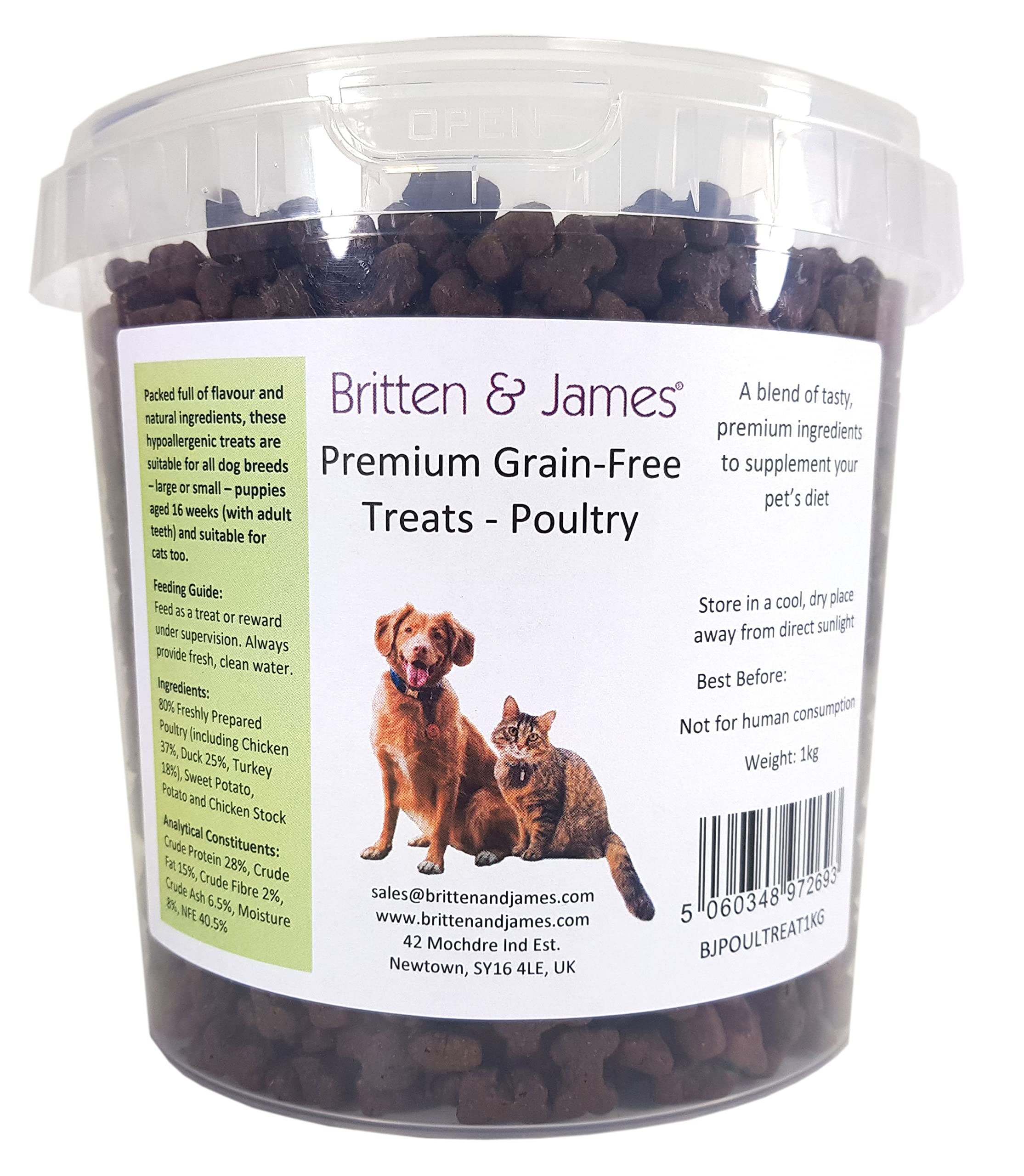 Grain Free Dog Treats & Cat Treats - Poultry 1kg - in a Stay Fresh 2L Tub by Britten and James