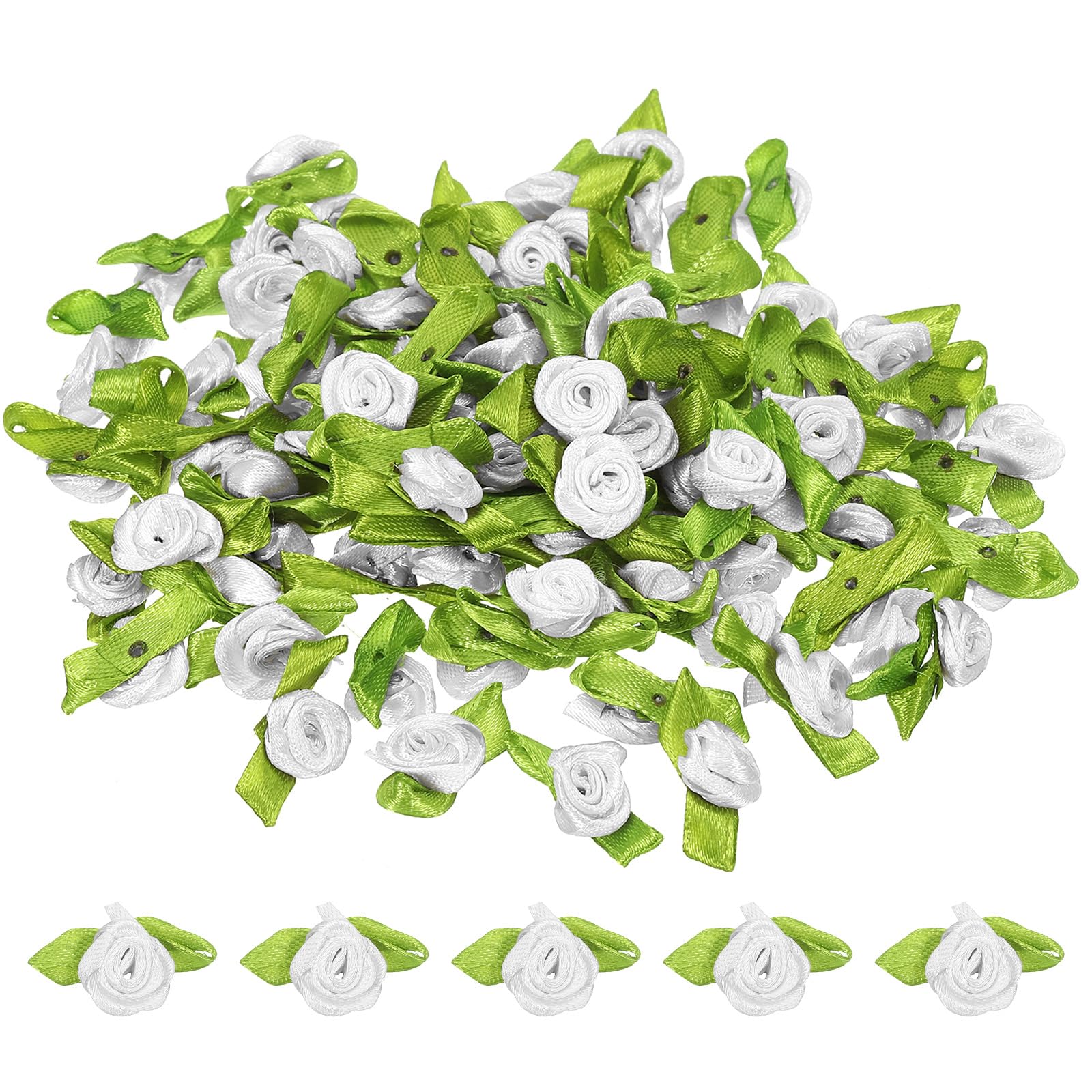 PATIKIL Mini Ribbon Roses, 100 Pcs Tiny Satin Fabric Flowers with Green Leaves Embellishments Rosettes Applique for DIY Crafts Sewing Wedding,White — image 1