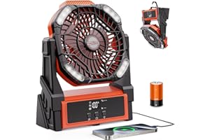 CosyHack Camping Fan Rechargeable, Battery Powered Fan with Lights, Outdoor Beach Tent Fans, 4 Speed, Adjustable Brightness for Picnic, Barbecue, Fishing, Office, Home