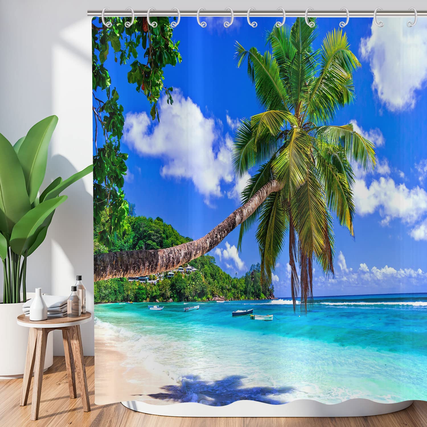 ASDCXZ Shower Curtain Palm Beach 180x240 cm, Summer Seaside Blue Sky Tropical Plants Shower Curtains Washable Polyester Textile Waterproof Shower Curtain for Bathtub with 12 Shower Curtain Hook
