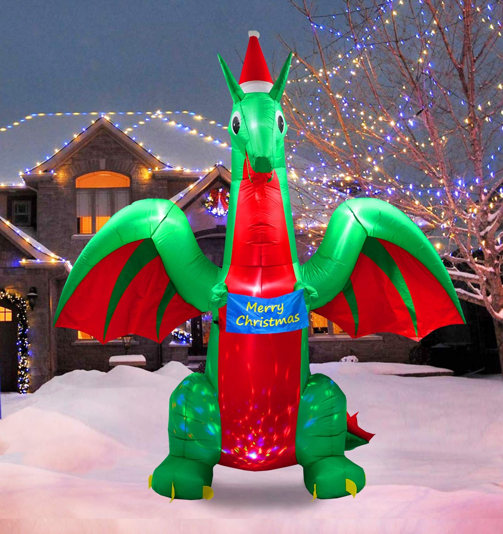 PARAYOYO 2.4m Christmas Inflatable Dinosaur Dragon Decoration with Xmas Eve Gift Wish List Colorful Flash Ligh For Home Garden Yard Lawn Outdoor Indoor