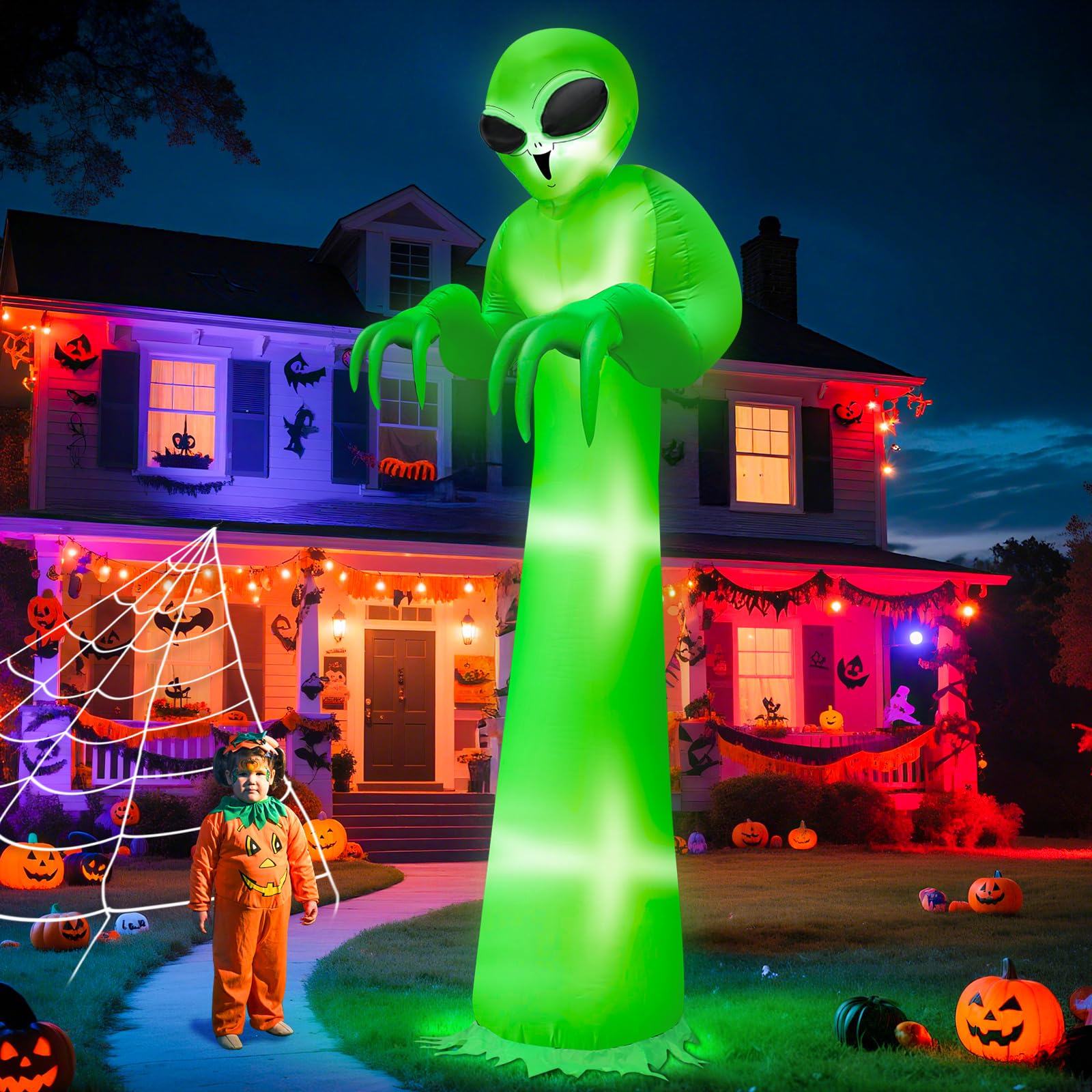 Photo 1 of 12 Ft Halloween Inflatable Alien Outdoor Decoration, Blow Up Alien Built-in LED Lights Yard Decor for Holiday Patio Garden Lawn