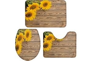 Queenker Sunflower Bathroom Rug Set 3 Piece Toilet Seat Cover and Rug Set Farmhouse Wood Board Print Contour Rug, Pedestal Mat and Toilet Lid Cover,Non-Slip Bathroom Floor Mat 18"x30"+14"x18"+15"x18"