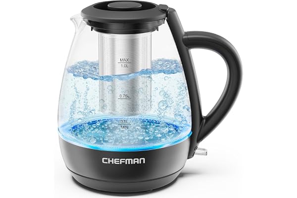 Chefman Electric Kettle with Tea Infuser, Compact 1L (4 Cups), 1500W, Removable Lid for Easy Cleaning, Boil-Dry Protection, Stainless Steel Filter, BPA Free, Auto Shut Off, Small Electric Tea Kettle