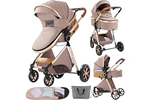 SUPPERBEBE 2 in 1 Baby Stroller with Bassinet Convertible Reversible Standard Baby Pram Portable Pushchair Infant Buggy Baby Carriage Foldable High Landscape Pram for Toddler Newborn (2USV9-KHAKI)