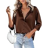 HOTOUCH Women Satin Silk Button Down Shirt Ladies Long Sleeve Tops V Neck Loose Blouse Dressy Business Casual Work Tunic Fall