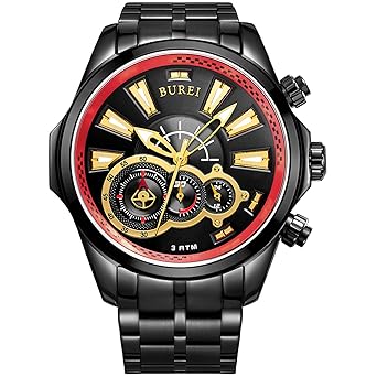 BUREI® Mens Luminous Hands Chronograph Analog Watch with Link Bracelet, Black Red Bezel Black Dial