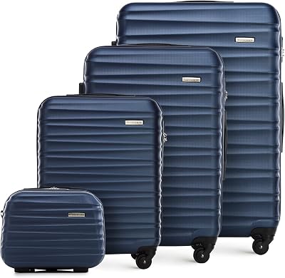 set di 4 valigie con custodia per cosmetici trolley bagaglio a mano ABS 4 ruote spinner chiusura a combinazione maniglia telescopica Groove Line blu navy Ryanair/ITA Airways/easyJet