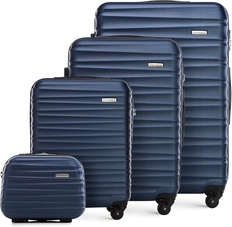 set di 4 valigie con custodia per cosmetici trolley bagaglio a mano ABS 4 ruote spinner chiusura a combinazione maniglia telescopica Groove Line blu navy Ryanair/ITA Airways/easyJet