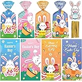 Litmitfu 100 Pcs Happy Easter Treat Bags - Cute Bunny Cellophane Goodie Bags, Plastic Happy Easters Day Cello Candy Goody Gift Bag with Twist Ties for Spring Easter Party Favor Supplies, 4 Styles