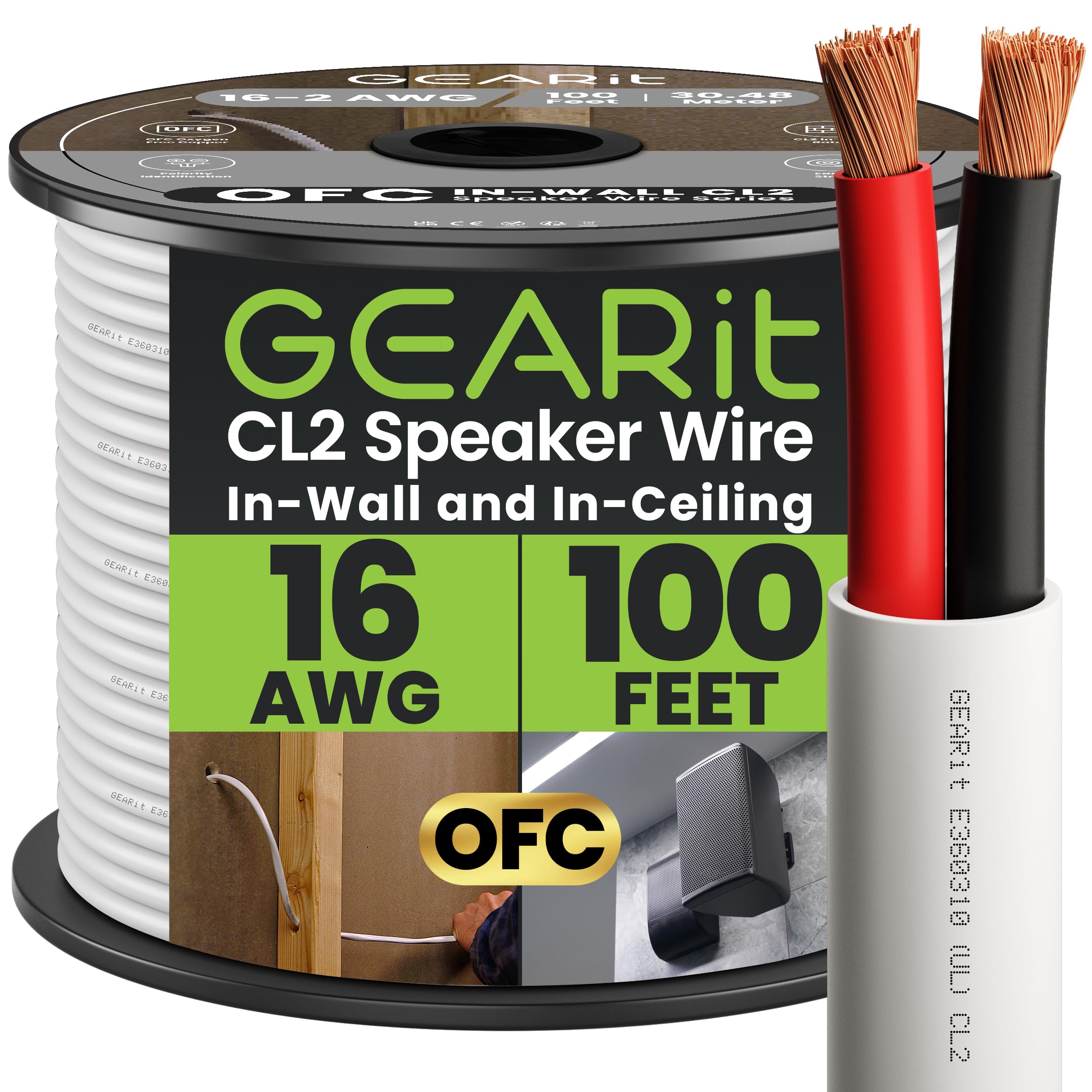 GearIT In-Wall Speaker Wire OFC 2x1.5mm≤ (30.48 Meters - White) Oxygen-Free Copper - Hi-Fi Audio Cable for In-Wall / CL2 Rated / 2-Conductors - 16 Gauge AWG, 100 Feet