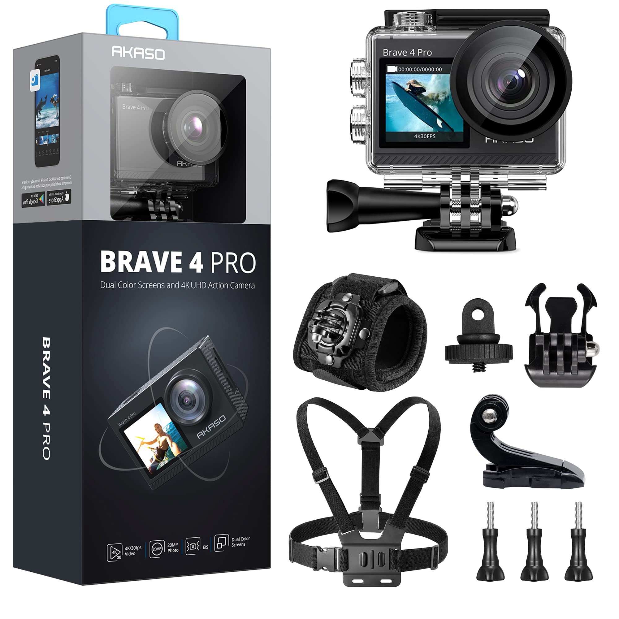 AKASO Brave 4 Pro Action Camera with Wrist Strap and Chest Strap Action Camera Accessories Kit Bundle