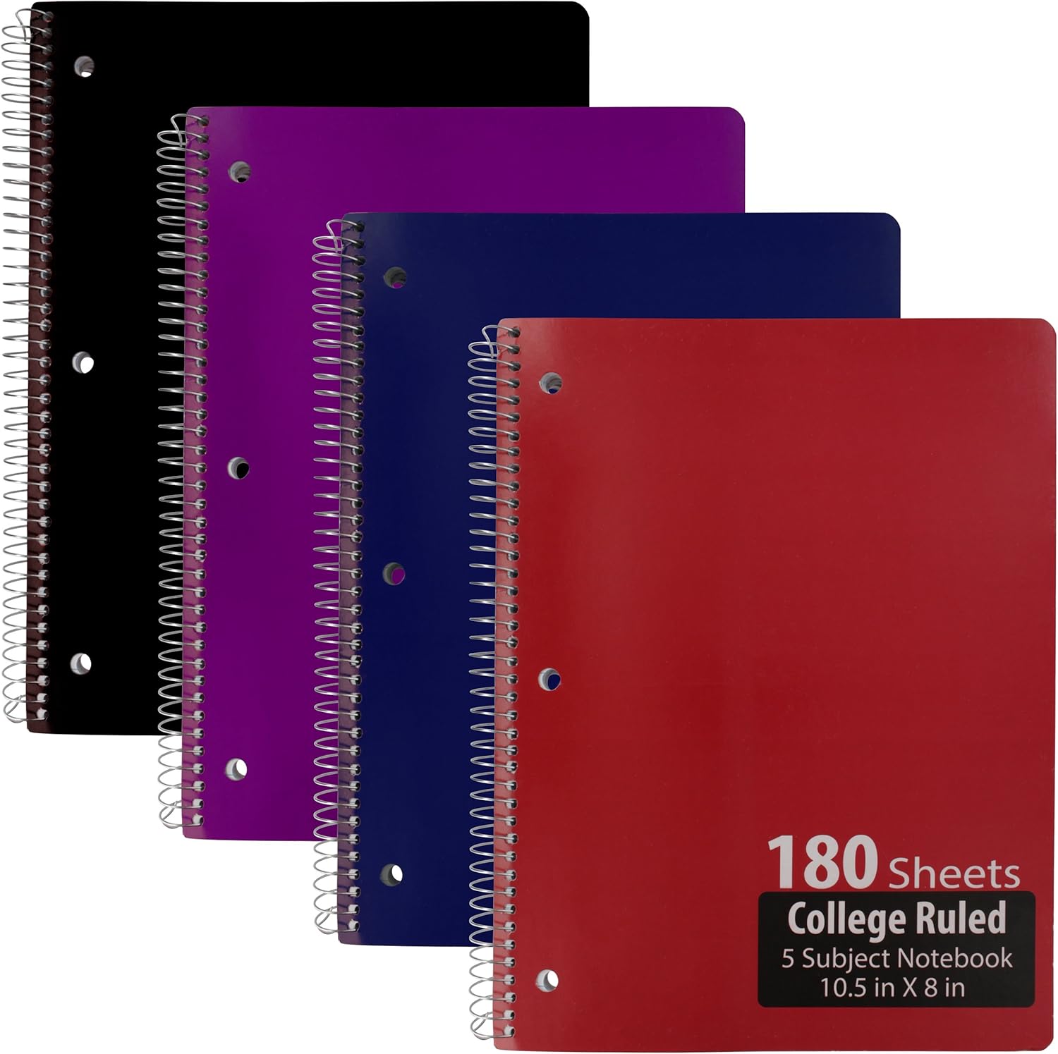 Emraw 5 Subject Notebook Spiral with 180 Sheets of College Ruled White Paper - Set Includes: Red, Black, Purple, Blue Covers (Random 3 Pack) : Office Products