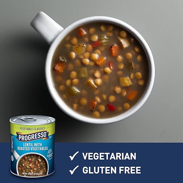 PROGRESSO VEGETABLE CLASSICS, LENTIL WITH ROASTED VEGETABLES CANNED SOUP, GLUTEN FREE, 19 OZ.