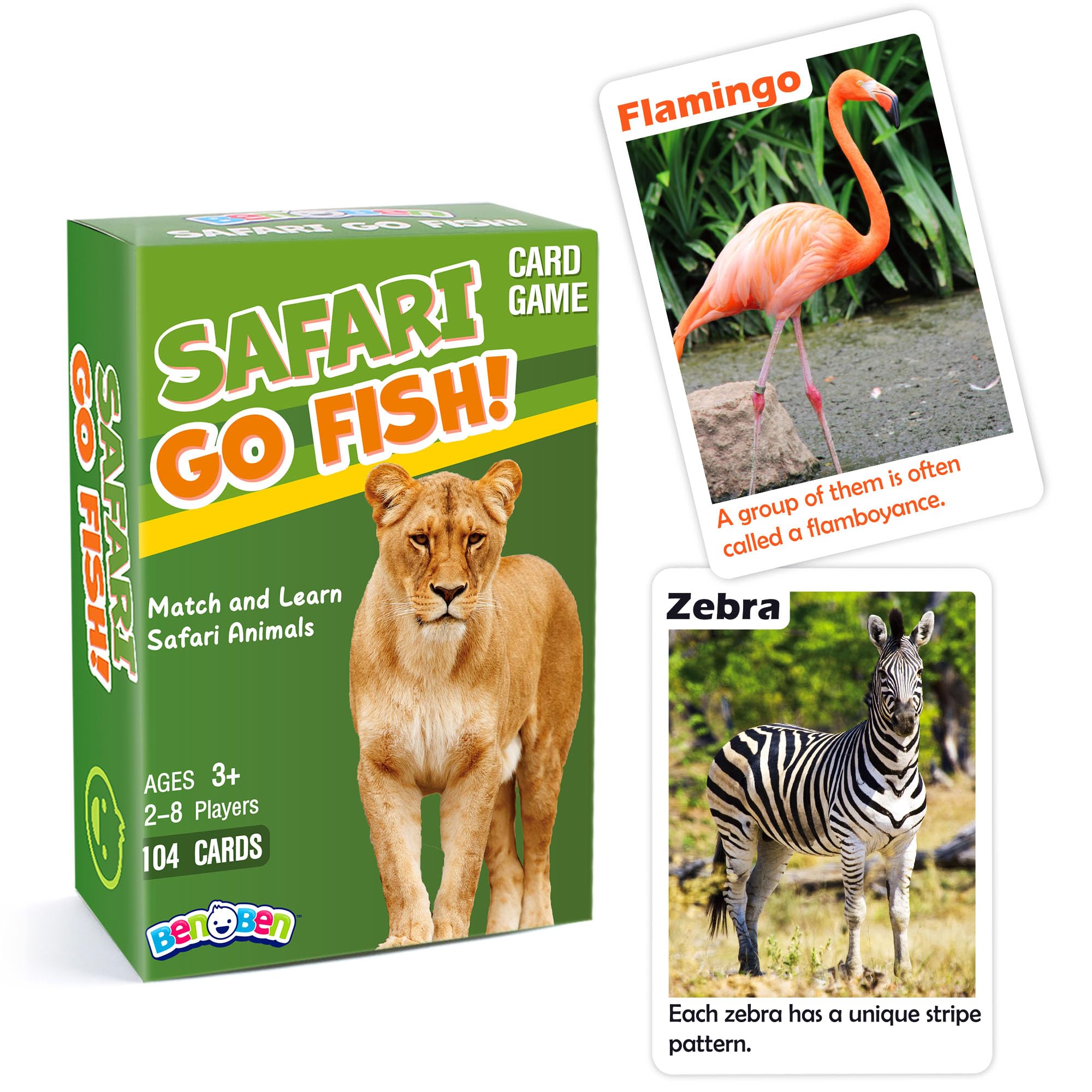 BenBen Go Fish Card Game for Kids, 104 Picture Cards, Jumbo Size, Safari Animal Learning Playing Cards, Memory Matching Games with Real Photos Fun Facts, 2-8 Players, Easter Basket Stuffers
