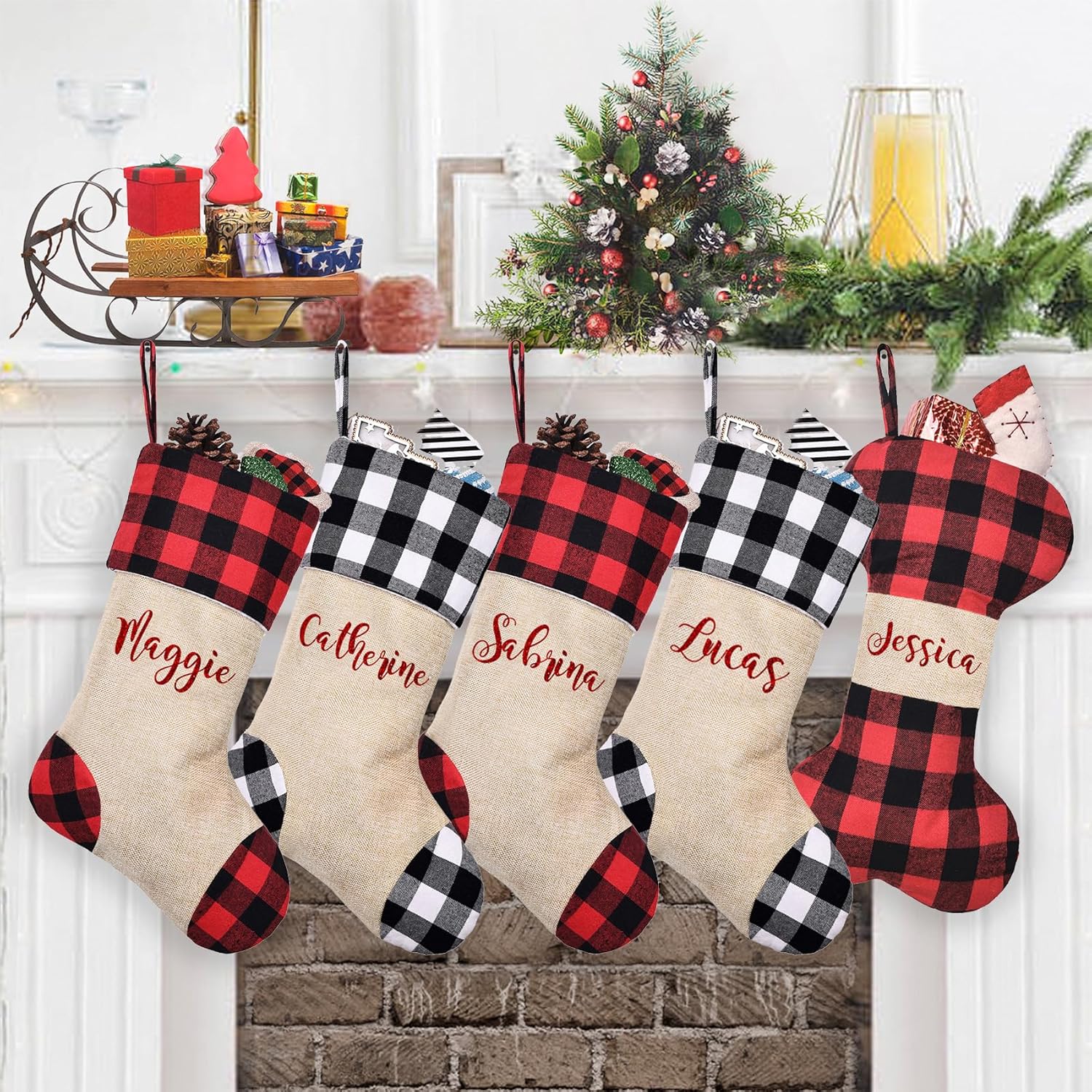 Stockings & Holders - CARAKNOTS Personalized Christmas Stockings 1 Pack Buffalo Plaid Christmas Stockings Large Check Christmas Stockings Custom Xmas Burlap Stockings Christmas for Family Kids Fireplace Decorations