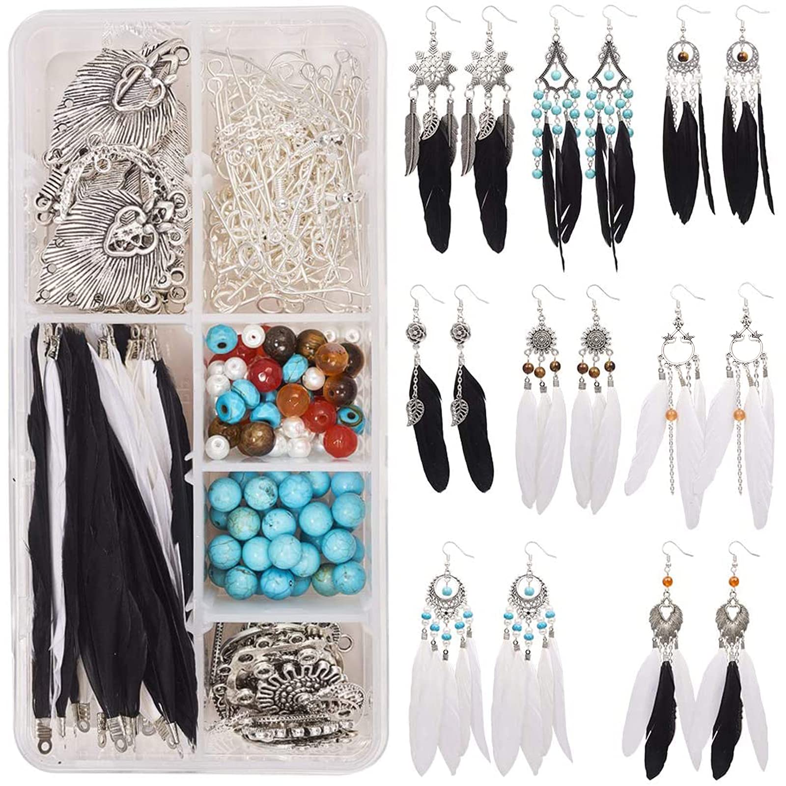 SUNNYCLUE 1 Box DIY 8 Pairs Bohemia Long Natural Feathers Dangle Hook Earring Making Kit with Chandelier Connector Charms Jewellery Findings Crafts for Women Girls Black & White