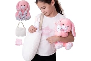 Perfectto Design Easter Gifts for Kids, Stuffed Bunny Toy 5 Pcs - Mommy Stuffed Rabbit, 2 Baby Bunnies and Furry Bag. Soft Easter Bunny Plush Gift for Kids 3-5