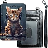 GFRGTFHYT Slim Minimalist Wallet for Men & Women [ Wrist Strap ] PU Leather RFID Blocking Front Pocket Credit Card Holder Small Wallets Card Cases with ID Window, Cat with Headphones