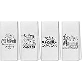Dibor Happy Camper Funny Camping Kitchen Dish Towel Set of 4, Campsite Cabin RV Decorative Absorbent Drying Cloth Hand Tea Towels for Bathroom Kitchen, Campers Gifts
