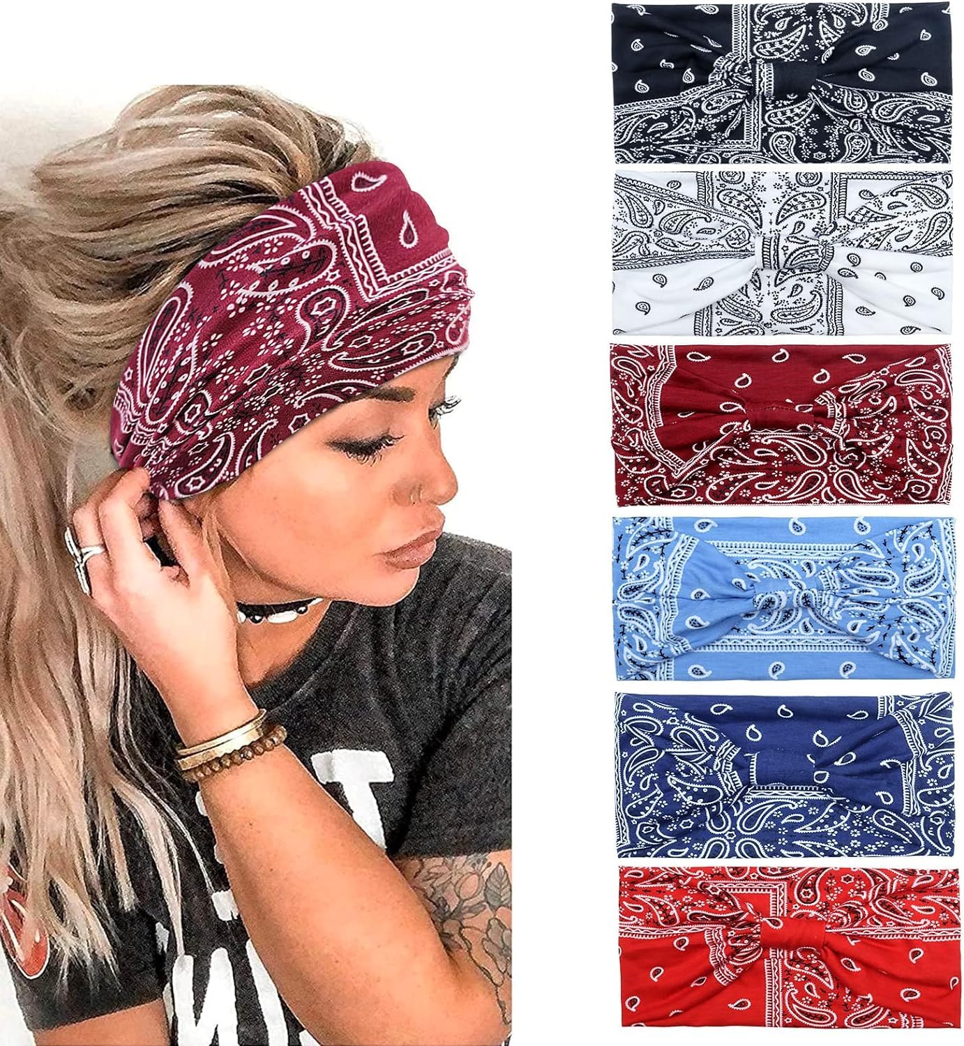 Kavya Women's Wide Elastic Soft Boho Leopard Print Hair Bands, Yoga & Sports Headbands, Multicolored Pack of 6 — image 1