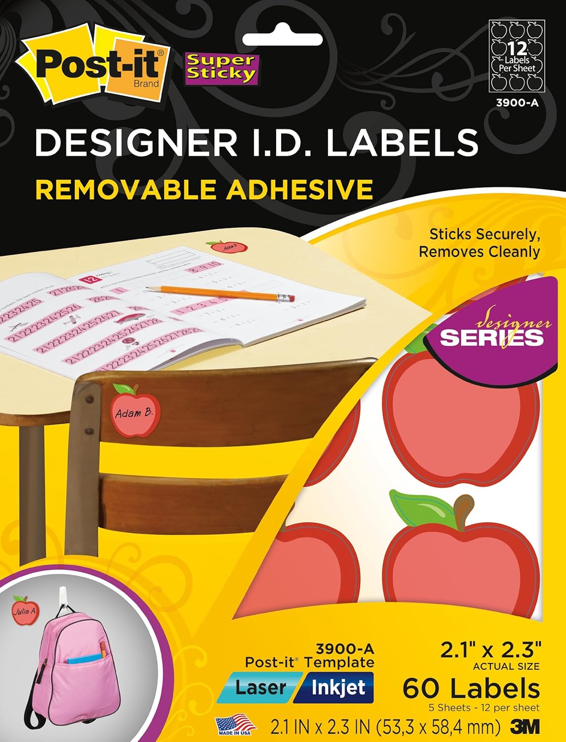 Inches, Labels, Labels/Sheet, Apple 2.1 ID Red x Designer 12 5-Pack Diecut, 2.3 Post-it (3900-A) ID 2.3 Post-it Designer Labels, Diecut, Red 12 Inches, Labels/Sheet, (3900-A) Apple 5-Pack x 2.1