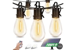 TDLOL 105FT Solar String Lights for Outside, Outdoor Solar Powered String Lights Waterproof, Patio Lights with 32 S14 Shatterproof Sockets, IP65 Commercial Grade LED Solar String Lights Outdoor