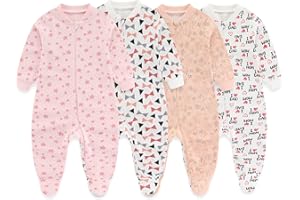 MAMIMAKA Newborn Baby One-Piece Footies Romper 2-Way Zip Cotton Bodysuit Long-Sleeve Jumsuit 4-Pack,0-12 Months