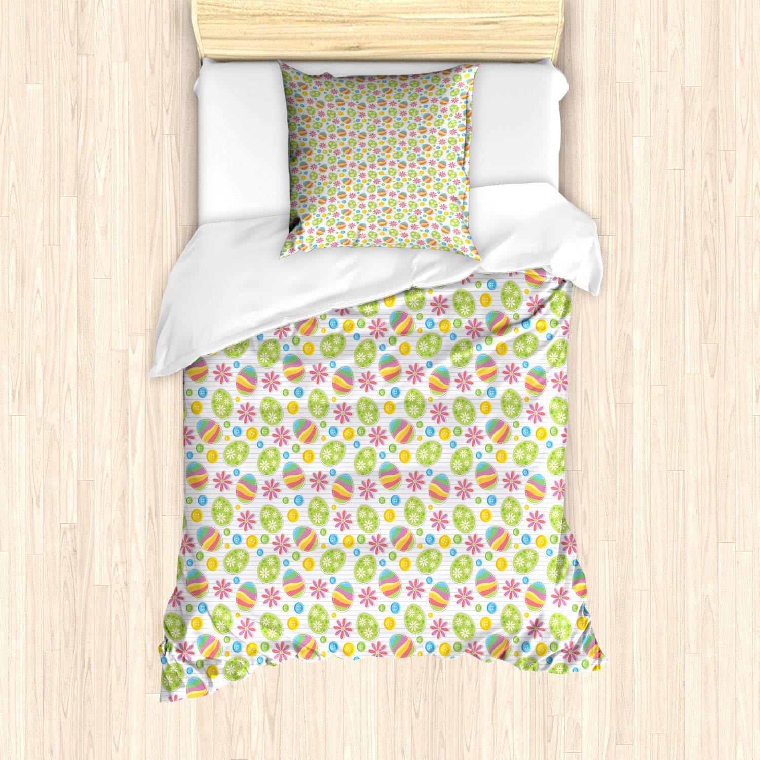 ABAKUHAUS Easter Duvet Cover Set, Patchwork Style Graphic Scrapbook Pattern with Daisy Sewing Buttons and Egg, Bedding Set 2 Pieces with 1 Pillow Shams, 135 cm x 200 cm, Light Green White — image 1