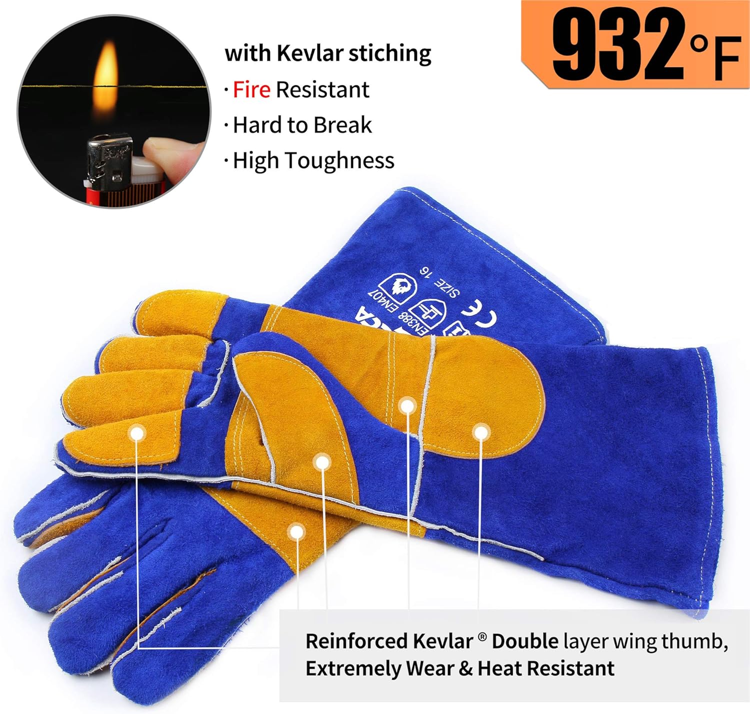 RAPICCA 16 Inches, 932℉, Leather Forge/Mig/Stick Welding Gloves Heat/Fire Resistant, Mitts for Oven/Grill/Fireplace/Furnace/Stove/Pot Holder/Tig Welder/Mig/BBQ/Animal handling glove with 16 inches Extra Long Sleeve– Blue - - 