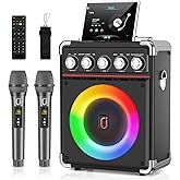 Karaoke Machine with 2 Microphones: HWWR Portable Karaoke Machine for Adults Kids, Bluetooth 5.3 Party Speaker with Bass/Treble Adjustment, PA System Remote/DJ Lights, Support REC/USB/AUX