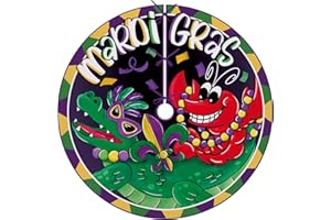 Fzbali Mardi Gras Christmas Tree Skirt 48 Inches Lace-up Crawfish Alligator New Orleans Carnival Tree Skirt, Mask Fleur De Lis Beads Masquerade Holiday Party Indoor Decoration Home Decor