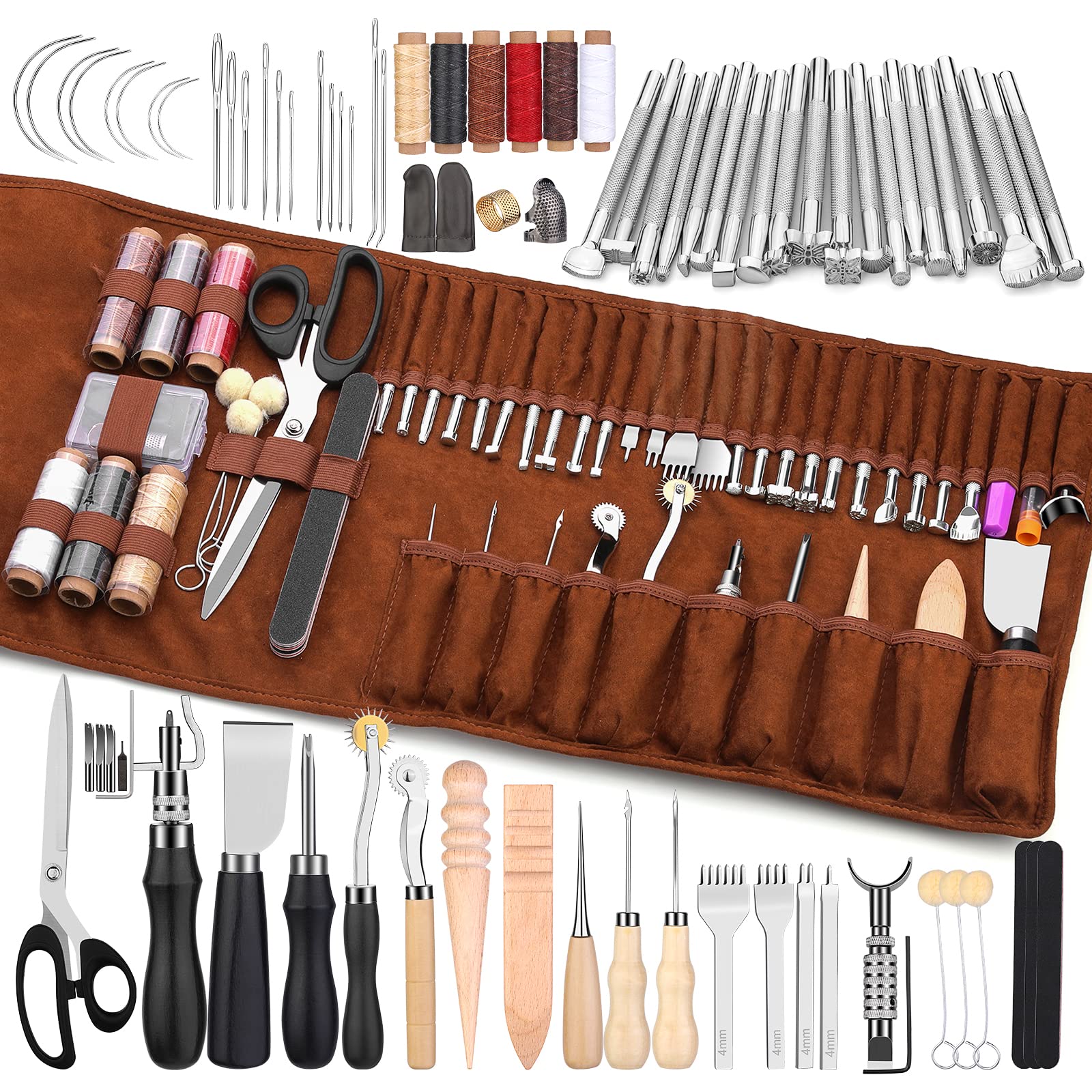 Leather Working Tools Leather Craft Tools for Carving Stamping Sewing Punching Cutting with Custom Custom Storage Bag Professional Tooling Kit for Crafting, Repair & DIY Projects