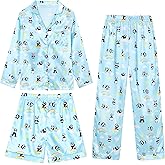 CARETOO Girls Pajamas 3 Piece Satin Long Sleeve Long Pants with Shorts PJs Set for Girls Kids Sleepwear 3-10 Years