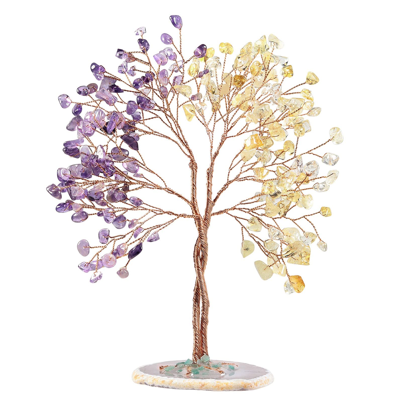 KYEYGWO Amethyst+Citrine Crystal Stone Money Tree with Agate Slice Base Handmade Feng Shui Bonsai Tree Decoration Love Stone Tree Ornament for Fortune and Wealth