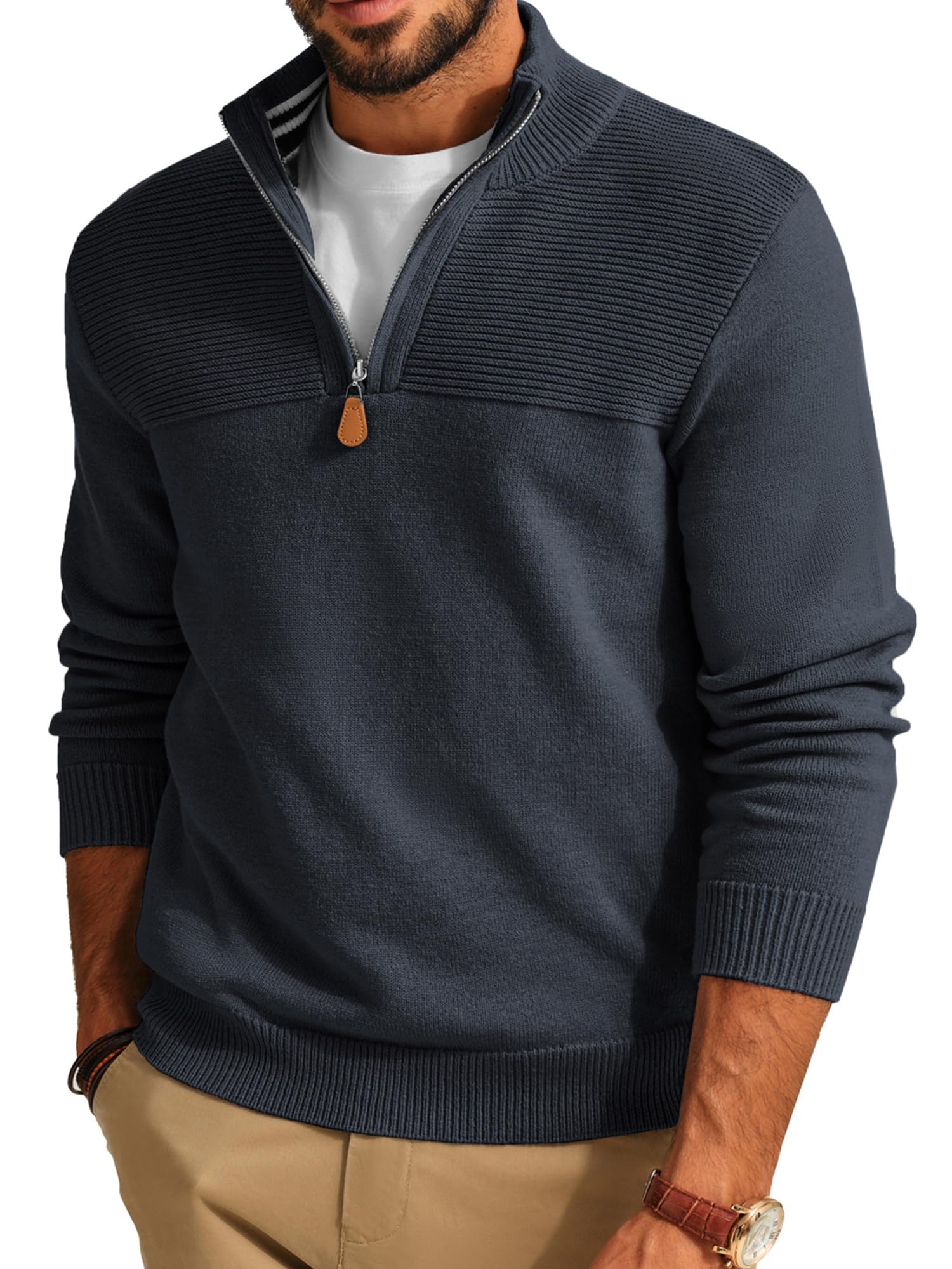 Photo 1 of ***SHOWS HEAVY USAGE*** PJ PAUL JONES Men's Pullover Sweater Quarter Zip Slim Fit Mock Neck Polo Sweater Dark Gray